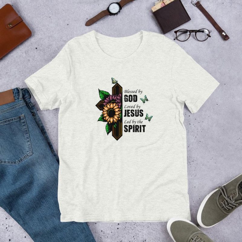 Blessed by God, Loved by Jesus, Led by the Spirit - Cross with vines, flowers and text. Religious T-shirt gift - Unisex t-shirt - Image 3