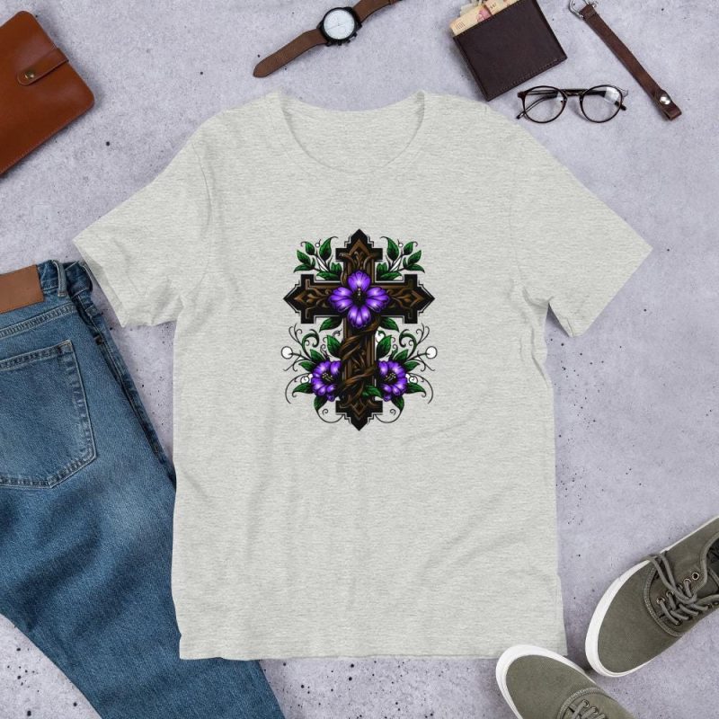 Religious Cross, Vines, Leaves and Purple Flowers - Cross of Jesus Art - T-Shirt Gift Unisex t-shirt - Image 2
