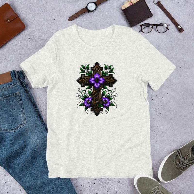 Religious Cross, Vines, Leaves and Purple Flowers - Cross of Jesus Art - T-Shirt Gift Unisex t-shirt - Image 3