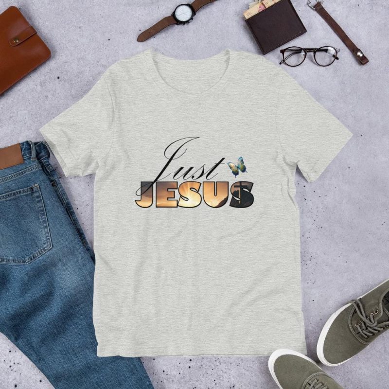 Just Jesus - Religious T-Shirt Art - Jesus with mountains and a cross at sunset masked in text, Butterfly and text - Unisex t-shirt - Image 2