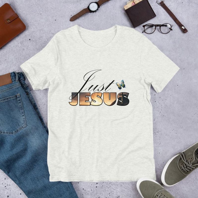 Just Jesus - Religious T-Shirt Art - Jesus with mountains and a cross at sunset masked in text, Butterfly and text - Unisex t-shirt - Image 3