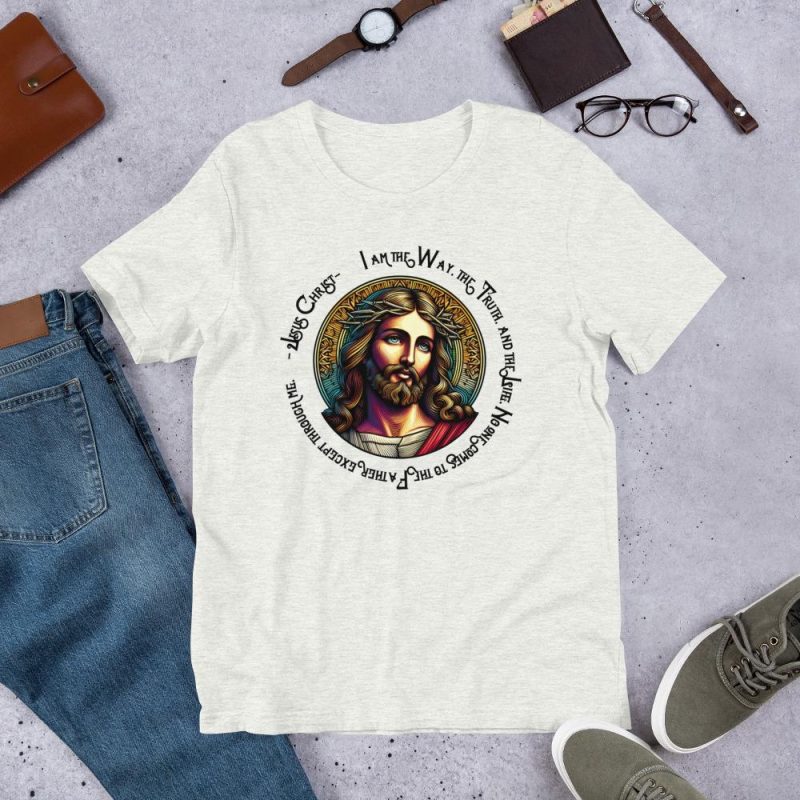 Jesus Stained Glass V2 T-Shirt - Text : I am the Way, the Truth, and the Life. No one comes to the Father except through me. Jesus Christ - Image 3