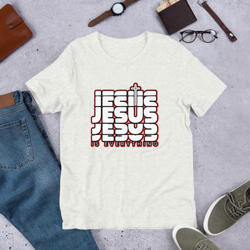 Jesus is Everything - Word Jesus Repeated in pieces with cross - White text with black and red outline - Religious T-Shirt - Unisex t-shirt - Image 3