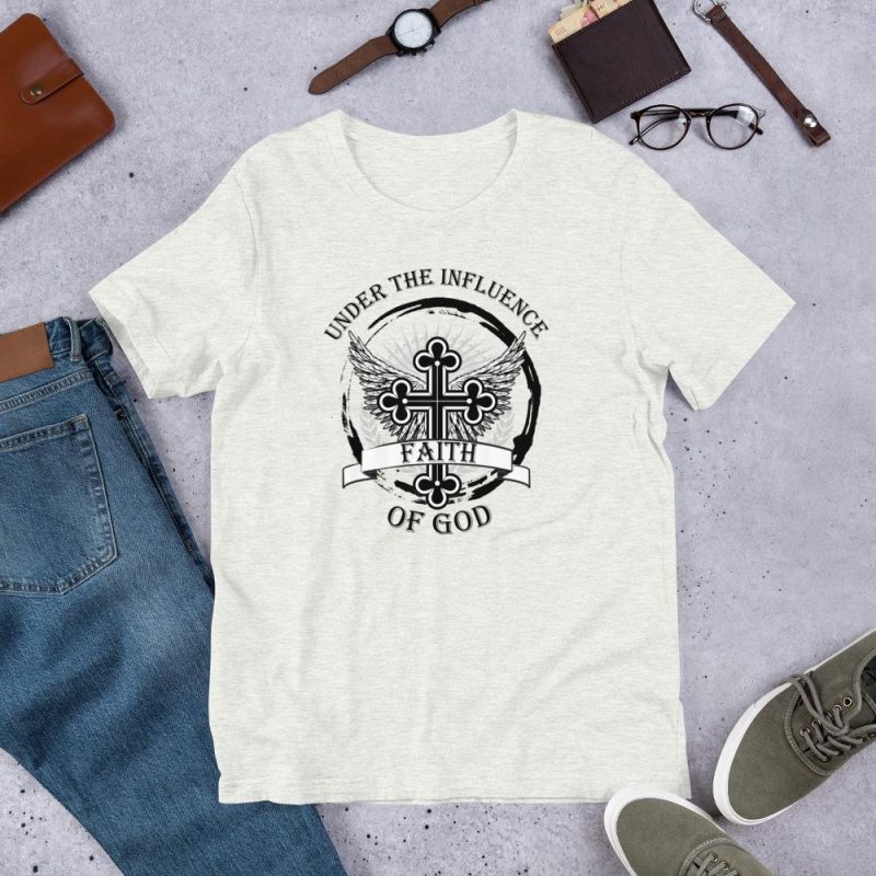 Under the Influence of God - Faith -  Tribal Circle with a Jesus Cross, wings, Tribal sun and text - Unisex t-shirt - Image 3