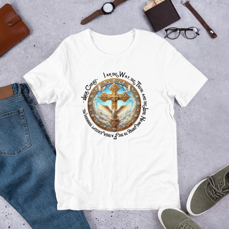 Golden design with Heavenly Clouds, Doves flying and Jesus Cross - Text says I am the way, the truth, the light Unisex t-shirt - Image 3