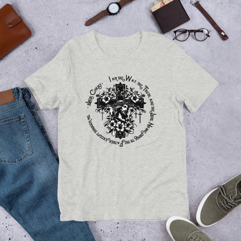 Jesus Christ Face on Cross with Vines and Flowers with text - Crucifix -  I am the way, the truth, the life - Facing right - Unisex t-shirt - Image 2