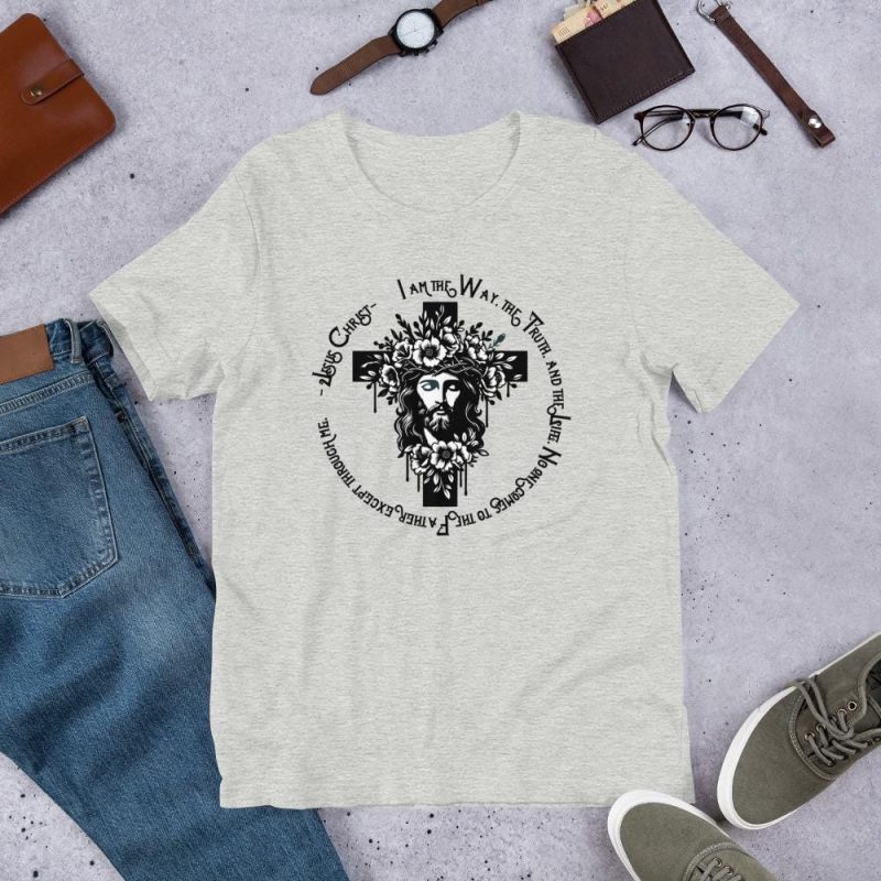 Jesus Christ Face on Cross with Vines and Flowers with text - Crucifix -  I am the way, the truth, the life -  Eyes Closed -Unisex - Image 2