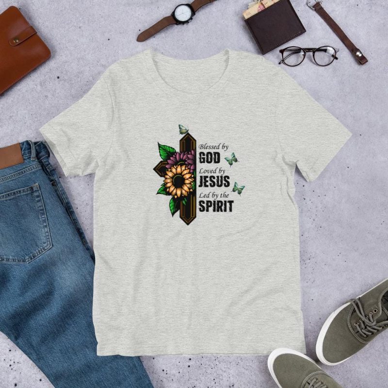 Blessed by God, Loved by Jesus, Led by the Spirit - Cross with vines, flowers and text. Religious T-shirt gift - Unisex t-shirt - Image 2
