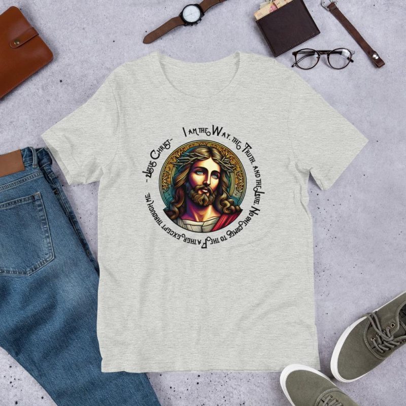 Jesus Stained Glass V2 T-Shirt - Text : I am the Way, the Truth, and the Life. No one comes to the Father except through me. Jesus Christ - Image 2