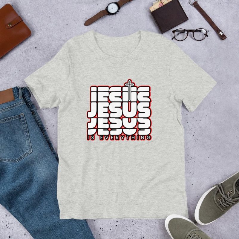 Jesus is Everything - Word Jesus Repeated in pieces with cross - White text with black and red outline - Religious T-Shirt - Unisex t-shirt - Image 2