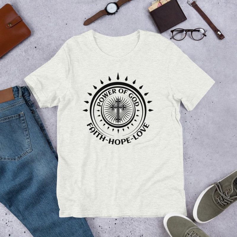 Power of God - Faith, Hope, Love - Circular design with cross and tribal designs around with text - Religious T-Shirt - Gift - Unisex - Image 3
