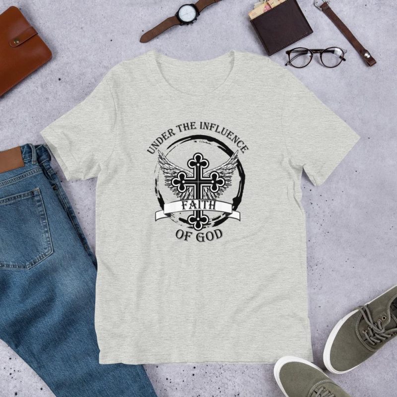 Under the Influence of God - Faith -  Tribal Circle with a Jesus Cross, wings, Tribal sun and text - Unisex t-shirt - Image 2
