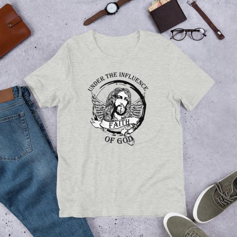 Under the Influence of God - Faith - Tribal Circle with a Jesus Face, cross, wings, banner, Tribal sun and text - Unisex t-shirt - Image 2