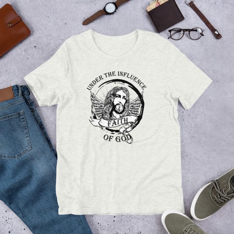 Under the Influence of God - Faith - Tribal Circle with a Jesus Face, cross, wings, banner, Tribal sun and text - Unisex t-shirt - Image 3