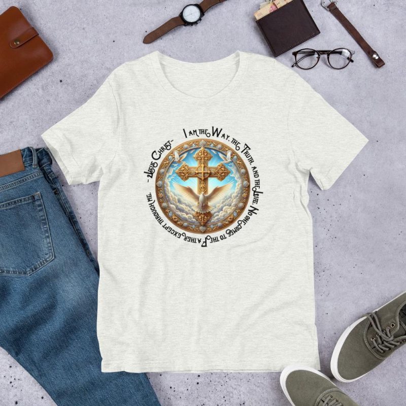 Golden design with Heavenly Clouds, Doves flying and Jesus Cross - Text says I am the way, the truth, the light Unisex t-shirt - Image 2