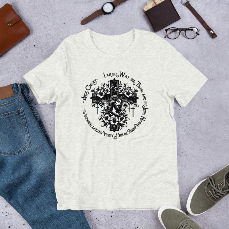 Jesus Christ Face on Cross with Vines and Flowers with text - Crucifix -  I am the way, the truth, the life - Facing right - Unisex t-shirt - Image 3